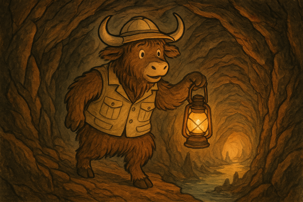A shaggy yak mascot dressed in explorer clothing, including a pith helmet and vest, descends a narrow cave tunnel while holding a lantern. The lantern light reveals the rocky walls and a glowing, cavernous depth below, conveying a sense of underground adventure.