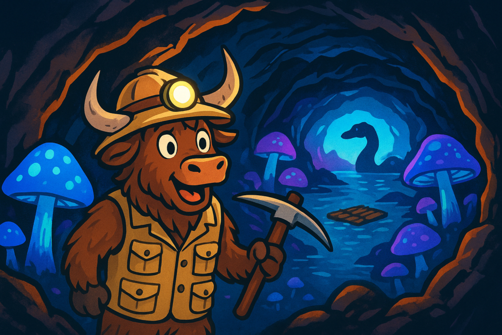 A yak mascot wearing an explorer outfit with a headlamp and pickaxe, peering into a glowing underground cave filled with giant mushrooms and a distant sea monster.