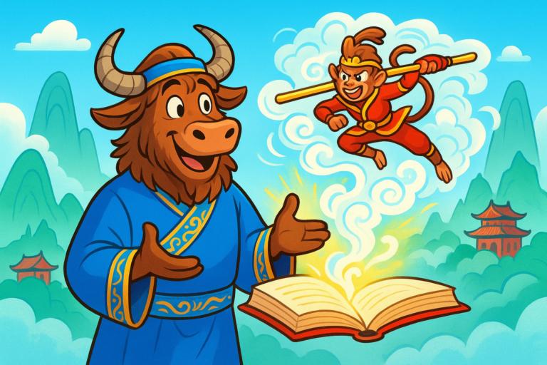 A yak dressed in a blue Chinese robe stands beside a glowing book, from which emerges an illustration of the Monkey King flying on a cloud above mountains and temples.