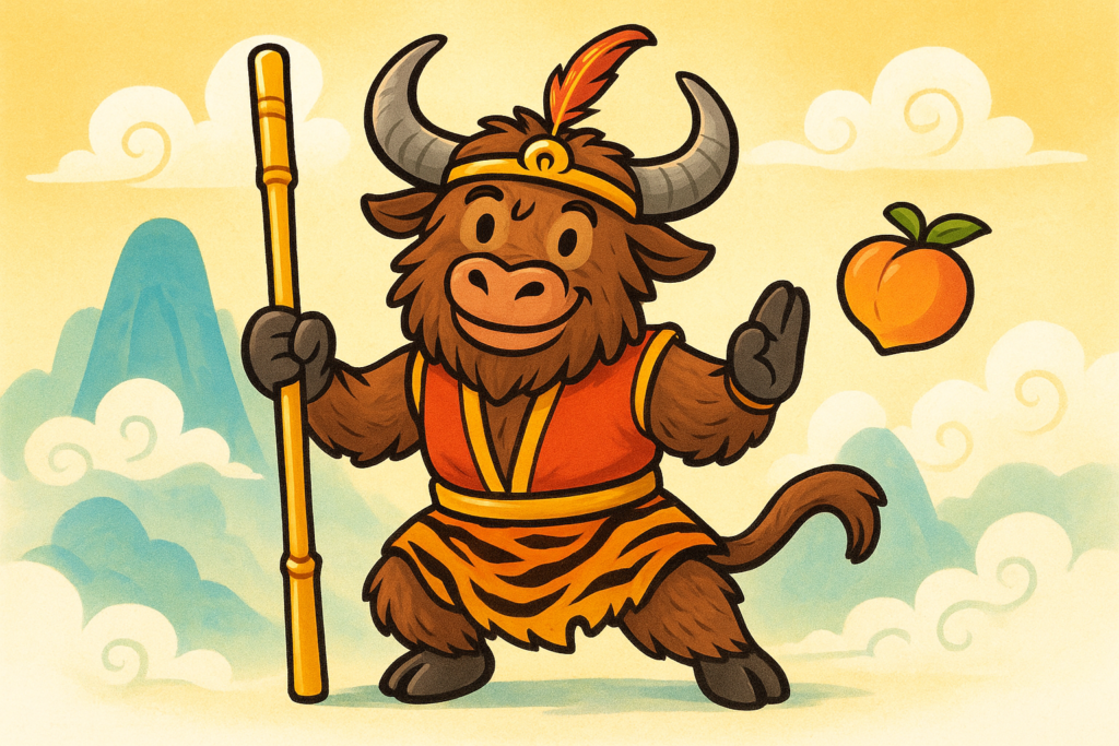 A personified yak mascot dressed as the Monkey King (Sun Wukong) from Journey to the West. The yak wears a golden headband, red vest, and tiger-skin skirt, holding a golden staff. It has a warm, goofy expression, standing in front of a mountain with clouds and a peach.