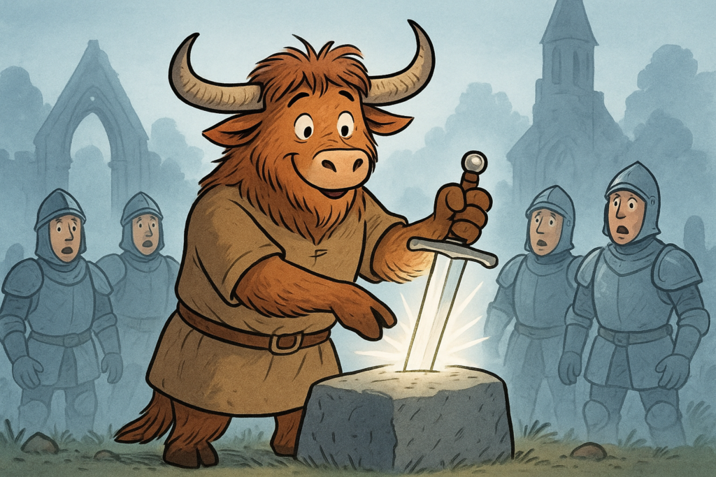 A personified yak in a medieval tunic pulls a glowing sword from a stone in a misty churchyard as armored knights look on in amazement.
