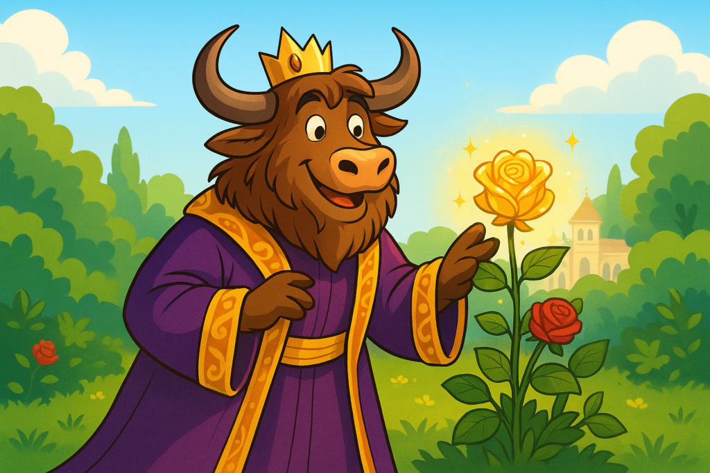The Yak Yacker mascot, a personified yak with shaggy fur and curved horns, dressed as King Midas in a purple and gold robe, touches a red rose that turns into sparkling gold in a palace garden.
