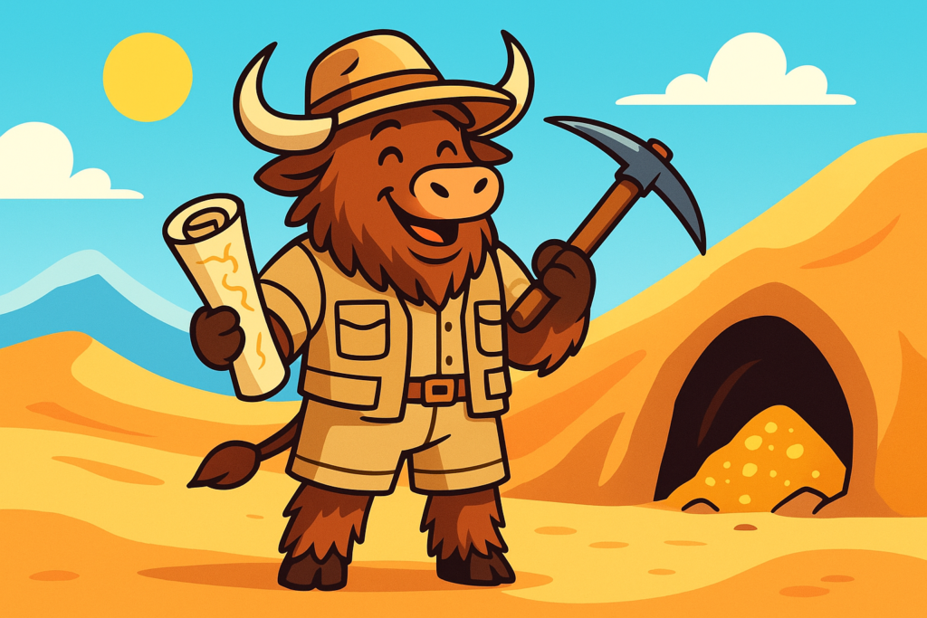 A cartoon editorial illustration of the Yak Yacker, a shaggy personified yak dressed as an explorer, smiling while holding a map and pickaxe, with a desert and mountain landscape behind him.
