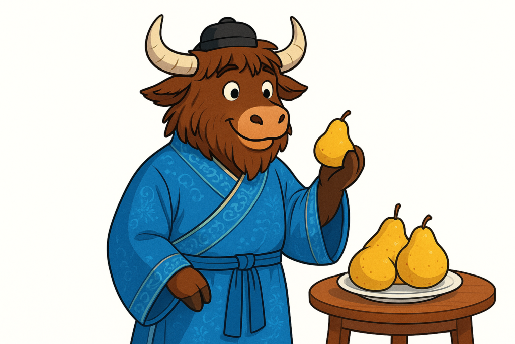 A yak mascot dressed in traditional Chinese clothing holds a small pear, with larger pears on a plate beside him.