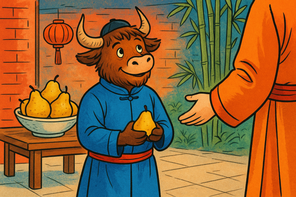 A yak boy in traditional Chinese clothing holds a small pear while standing by a table with a bowl of larger pears. He looks up respectfully.