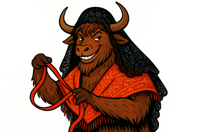 A yak mascot dressed as a Spanish matchmaker, with a sly grin, twisting red ribbons in its hooves, against a bright white background.