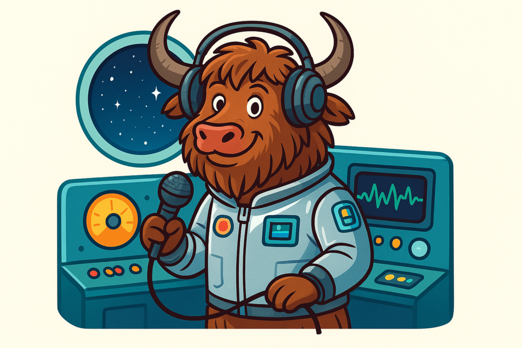 A friendly yak mascot wearing a silver space jacket and oversized headphones sits at a radio console, adjusting a dial. A window behind shows stars, and a small screen displays a blinking signal pattern. The yak has shaggy brown fur, curved horns, and a curious, focused expression.