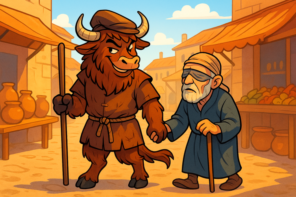 A personified yak mascot in a patched tunic and cap guides a blind old man through a sunny Spanish marketplace. The yak looks back with a sly grin, while the blind man holds onto his staff.