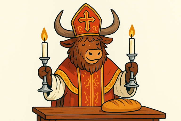 A cartoon yak dressed as a bishop from Les Misérables, smiling as it presents silver candlesticks, with a loaf of bread on a wooden table.
