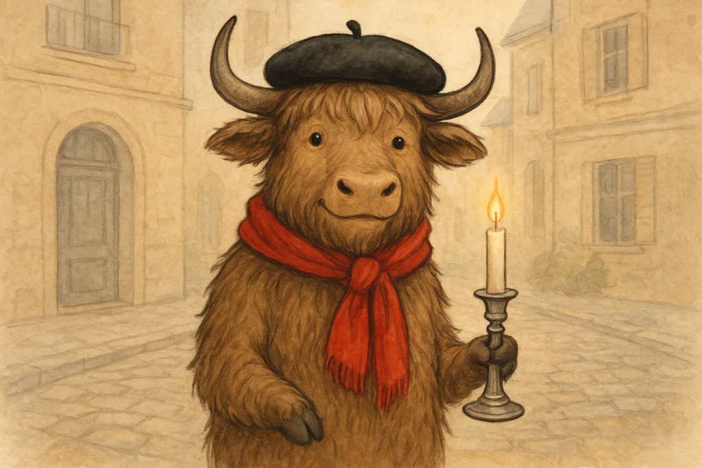A personified yak in a French beret and red scarf holds a silver candlestick, symbolizing kindness in Les Misérables.