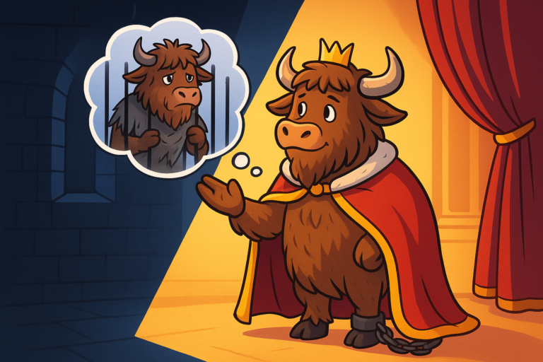 A personified yak mascot dressed as a Spanish prince in a red cape and crown, one ankle in chains, looking pensive while a dream bubble shows the yak in a prison cell. The illustration blends palace and prison settings to represent the story 'Life Is a Dream'.
