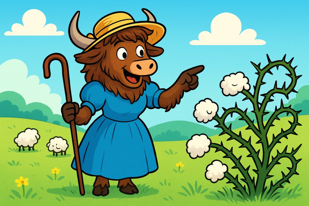 A personified yak dressed as Little Bo-Peep in a blue dress and straw hat looks surprised at sheep tails caught on a thorny bush in a sunny meadow.