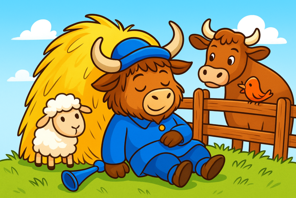 A personified yak mascot with shaggy fur and curved horns, dressed in a blue shepherd outfit, sleeps under a haystack. A sheep and a cow look over a wooden fence.