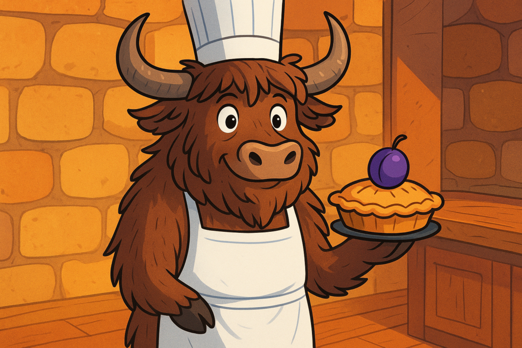 A cheerful yak chef wearing an apron and hat sits in a corner, holding a golden pie with a bright purple plum on its hoof.