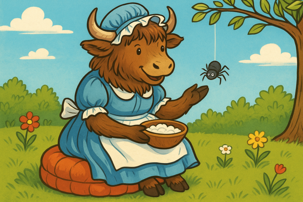 A friendly yak in a blue dress and bonnet sits on a tuffet in a garden, holding a bowl of curds and whey, with a small spider perched on its hoof, both smiling.