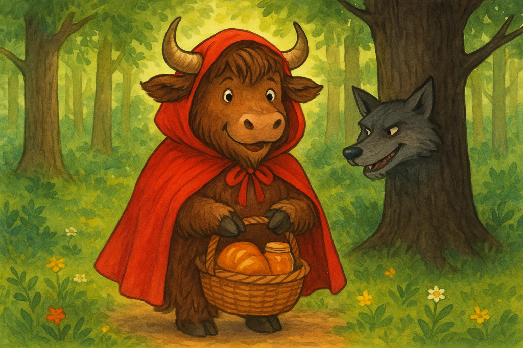 A yak mascot dressed as Little Red Riding Hood, wearing a red hooded cloak and carrying a basket, walks along a forest path. A large grey wolf peeks from behind a tree.