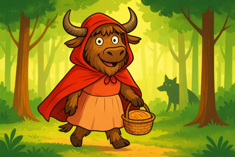A personified yak mascot dressed as Little Red Riding Hood, with a red hooded cape, carrying a basket with a cake, walking in a forest with a wolf lurking in the background.