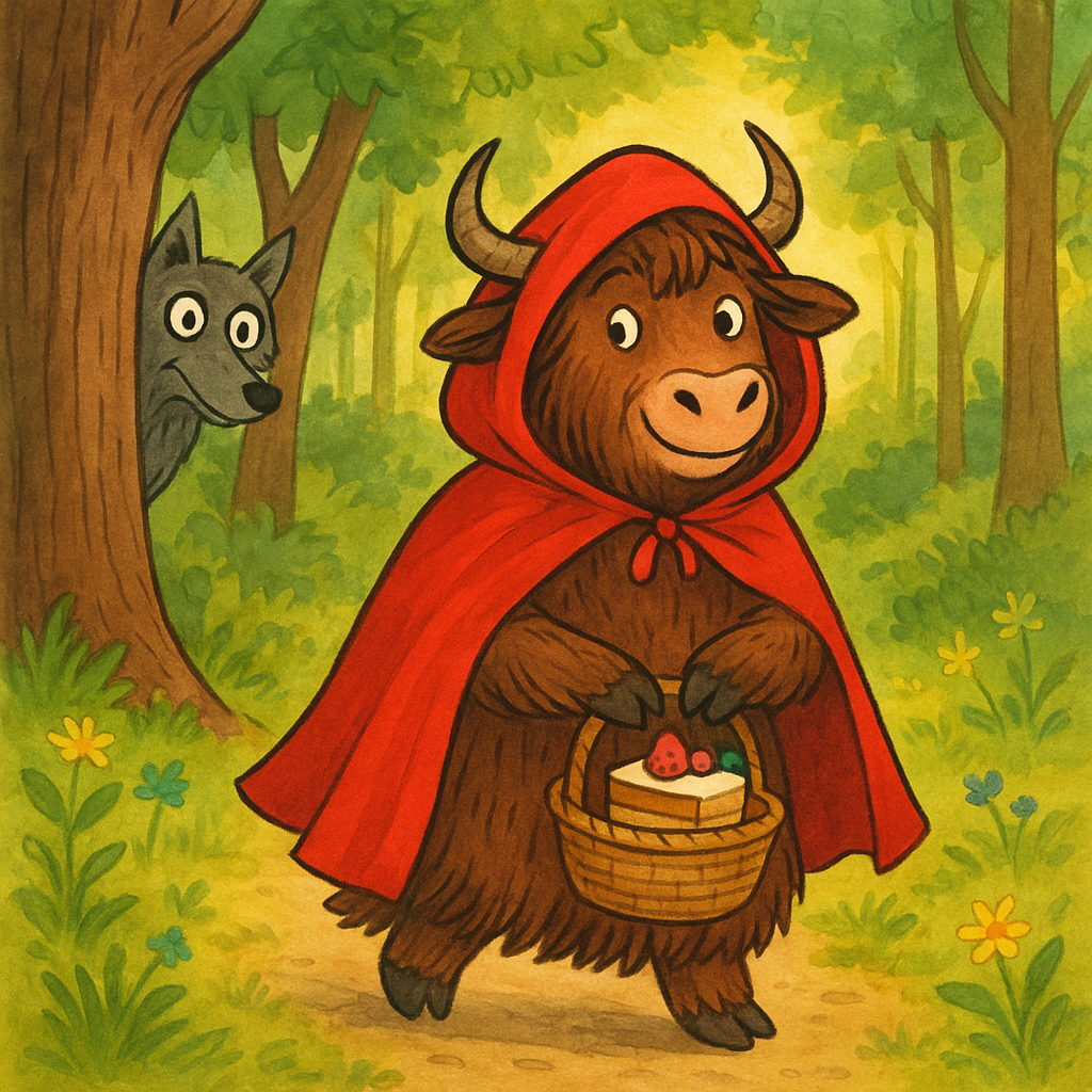 A personified yak mascot with shaggy fur and curved horns, wearing a red hooded cloak, walks down a sunlit forest path holding a basket of treats. A wolf hides behind a tree, watching.