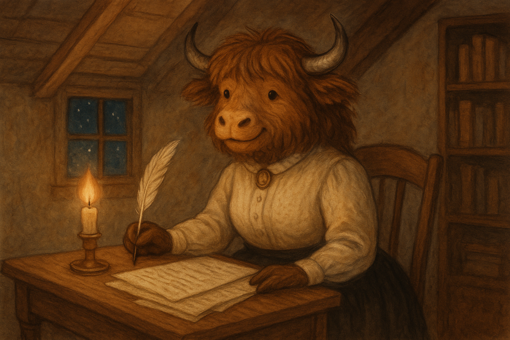 A shaggy yak with curved horns, dressed in a vintage blouse and skirt, sits at a desk writing with a quill pen by candlelight in a cozy attic. The yak has a gentle, amused expression and hooves for hands.