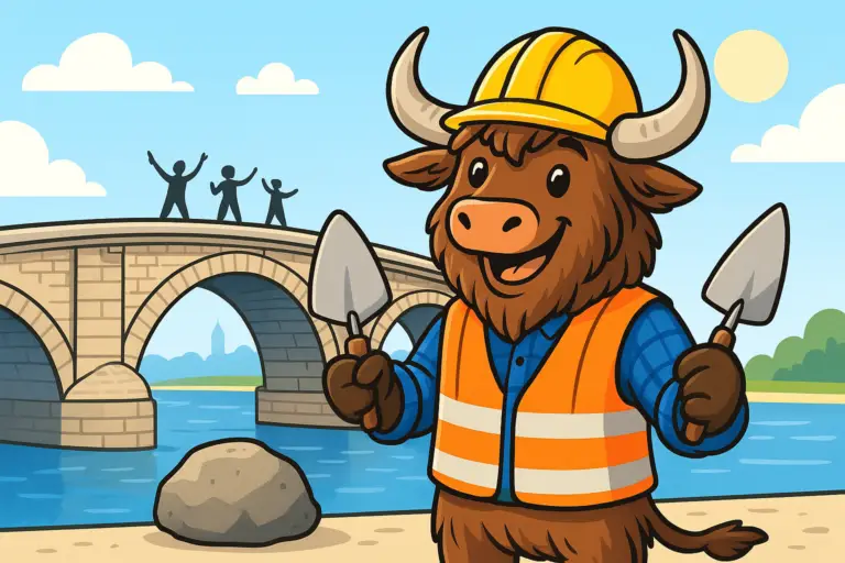 A personified yak construction worker with a hard hat and reflective vest, holding a stone and trowel, stands in front of a sturdy stone bridge over a river, with people celebrating on it.