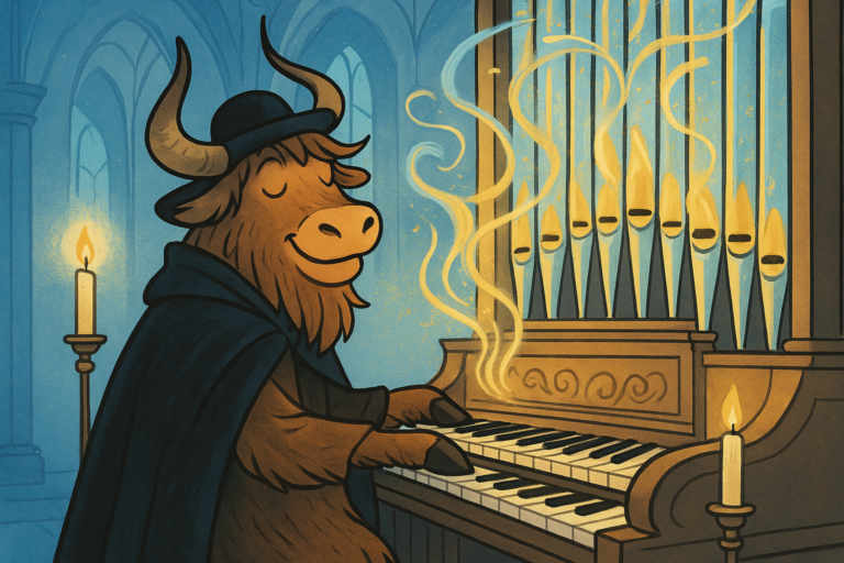 A personified yak mascot dressed as Maese Pérez, the blind organist, plays a majestic pipe organ in a candlelit cathedral, with ethereal light swirling around.