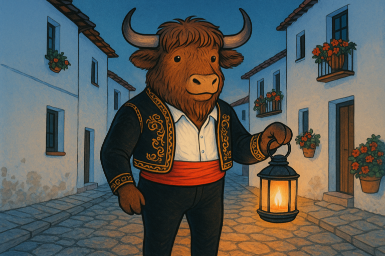 A personified yak with shaggy fur and curved horns, dressed as a Spanish shepherd, stands in a sunny meadow pointing to cloud castles in the sky.