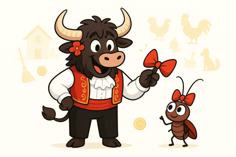 A personified yak mascot dressed in a ruffled Spanish shirt and red vest, holding a red bow, stands beside a cute cartoon cockroach named Martina who also wears a red bow, with storybook elements like a house and animal silhouettes in the background.