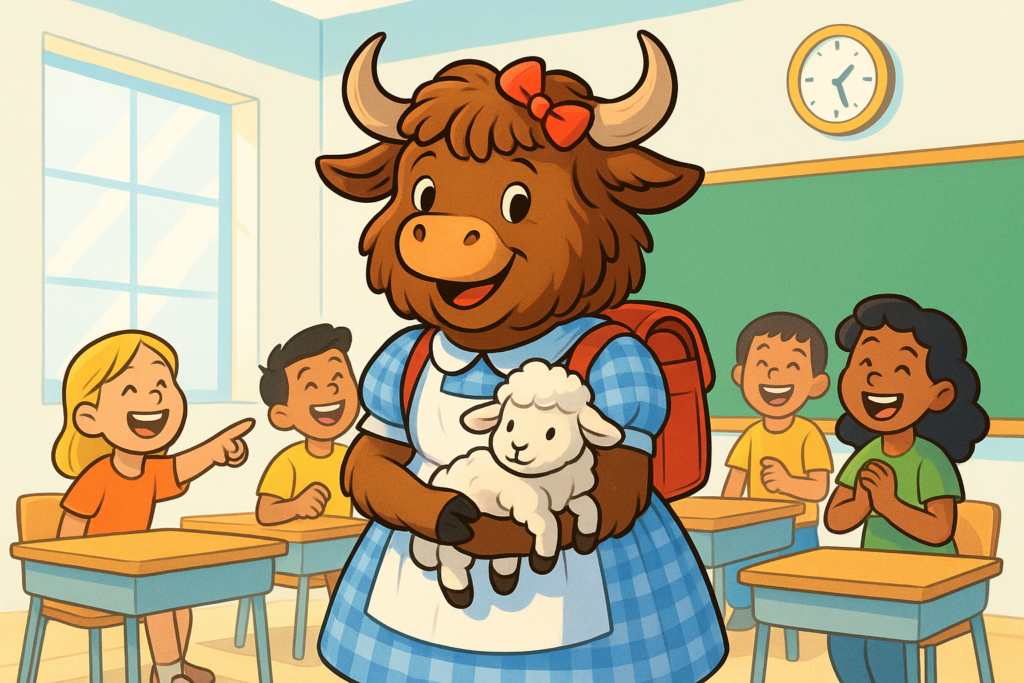 A cheerful personified yak mascot dressed as Mary in a blue gingham dress and white pinafore, holding a little white lamb in a colorful school classroom with laughing children.