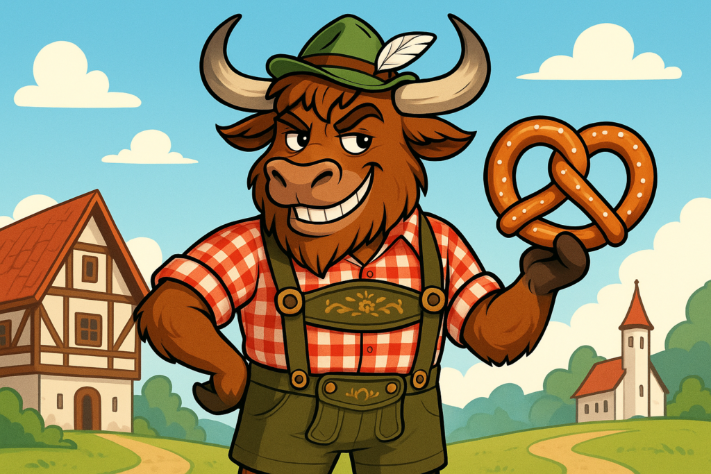 A personified yak mascot wearing Bavarian lederhosen and a feathered hat, holding a large pretzel with a playful grin, in a bright editorial illustration style.
