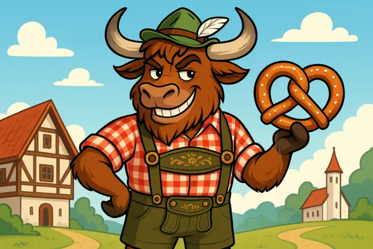 A personified yak mascot wearing Bavarian lederhosen and a feathered hat, holding a large pretzel with a playful grin, in a bright editorial illustration style.