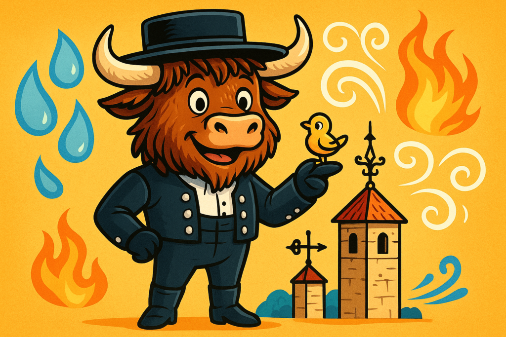 A personified yak wearing traditional Spanish clothing, including a wide-brimmed hat and short jacket, holds a small half-chick toy in one hoof and points toward a weather vane with the other, while symbols of water, fire, and wind swirl around him.