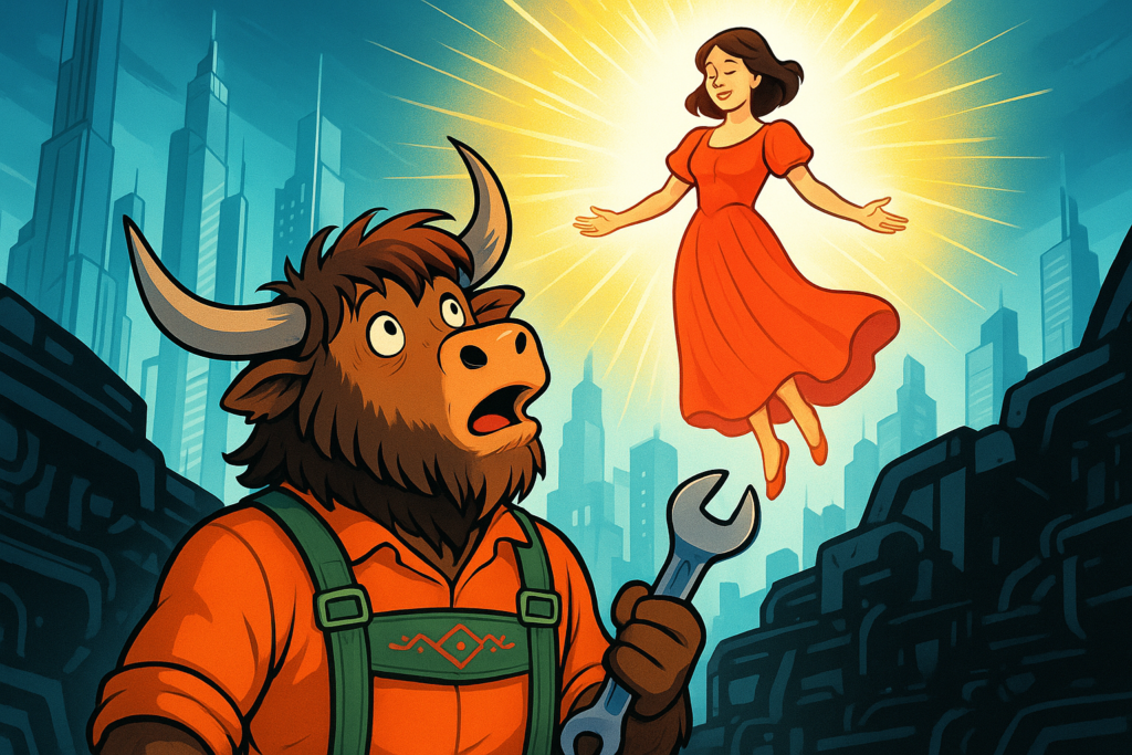 A yak mascot in worker's clothing looks up in wonder at a glowing woman in a futuristic German metropolis.