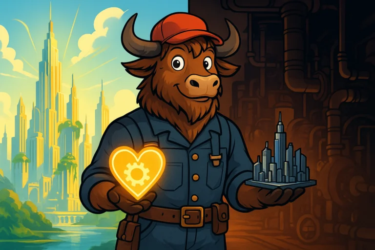 A personified yak with shaggy fur and curved horns, dressed in a mechanic's jumpsuit and cap, stands between a bright upper city and a dark industrial underground. One hoof holds a glowing heart-shaped gear, the other a miniature city skyline, in an editorial illustration.