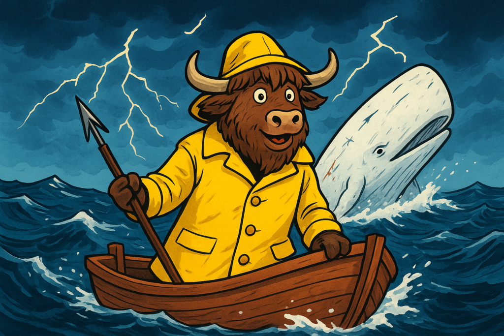 A cartoon yak in a yellow raincoat and hat stands in a boat, holding a harpoon, as a giant white whale rises from stormy waters.