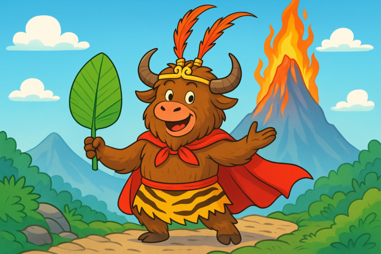 A personified yak mascot dressed as the Monkey King, holding a large green banana leaf fan, stands on a path before a fiery mountain. The illustration is bright and cartoonish with a playful editorial style.