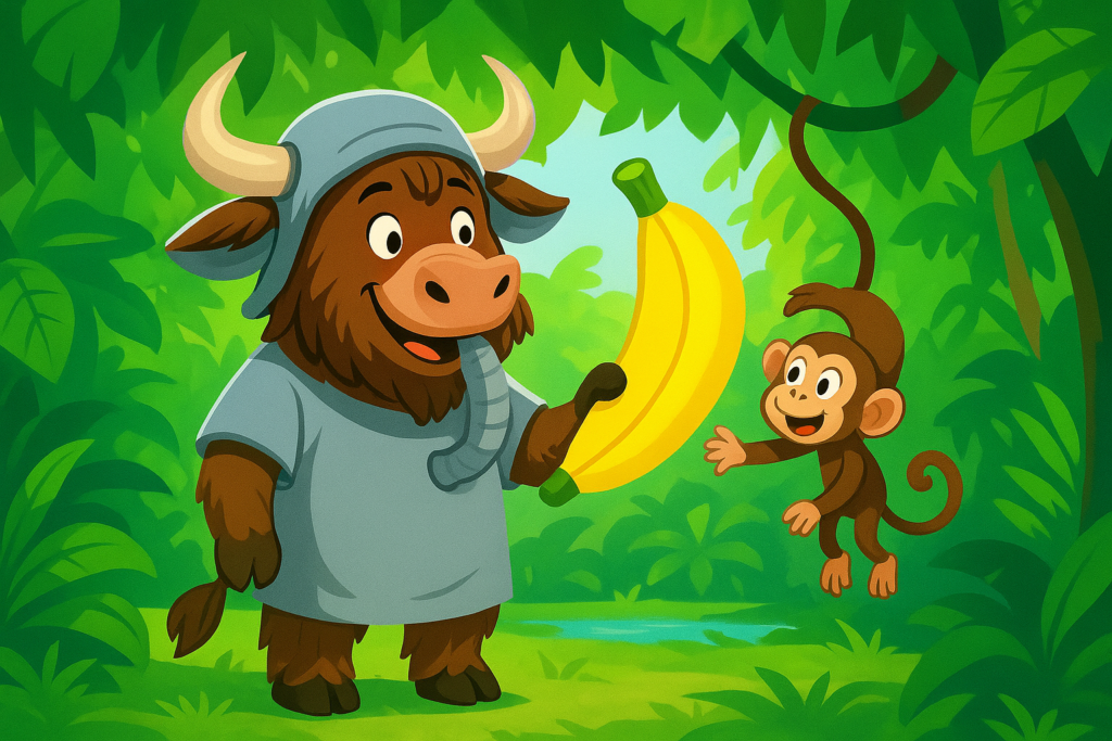 A personified yak wearing a gray elephant costume with floppy ears and a trunk offers a large yellow banana-shaped fan to a small monkey hanging from a tree in a sunny green forest.