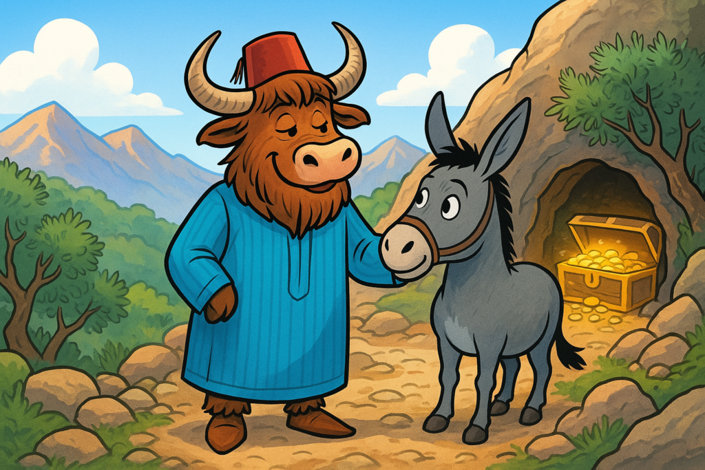 A personified yak mascot in a blue Moroccan djellaba and red fez stands beside a grey donkey on a mountain path, with a glowing treasure chest visible in a cave among olive trees and Atlas peaks.