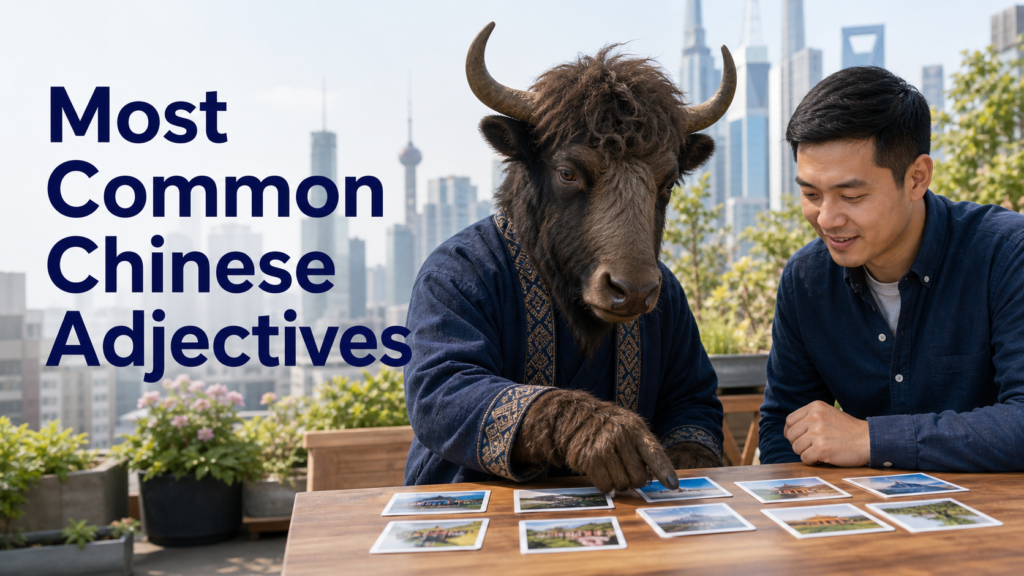Adult Yak Yacker teaching Most Common Chinese Adjectives in city rooftop garden class.