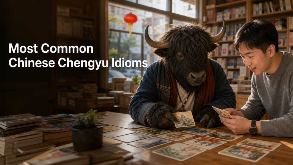 Adult Yak Yacker teaching Most Common Chinese Chengyu Idioms in sunlit independent bookshop.