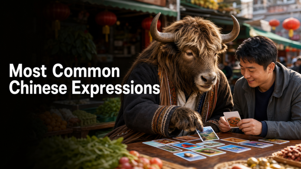 Adult Yak Yacker teaching Most Common Chinese Expressions in busy neighbourhood market.