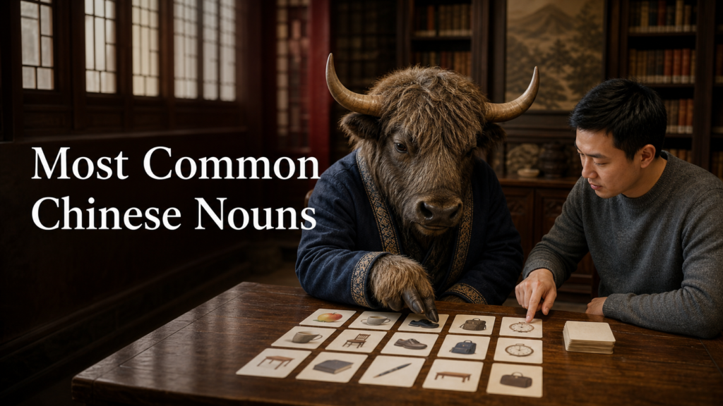 Adult Yak Yacker teaching Most Common Chinese Nouns in quiet historic library.