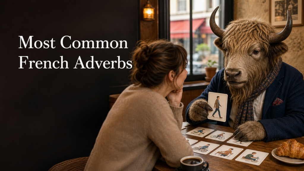Adult Yak Yacker teaching Most Common French Adverbs in warm café classroom.
