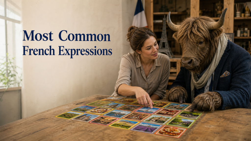Adult Yak Yacker teaching Most Common French Expressions in craft workshop with teaching props.