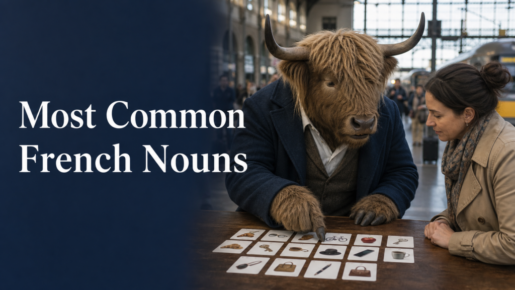 Adult Yak Yacker teaching Most Common French Nouns in railway-station concourse.