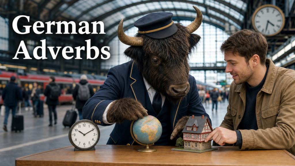 Adult Yak Yacker teaching common German adverbs at a Frankfurt station.