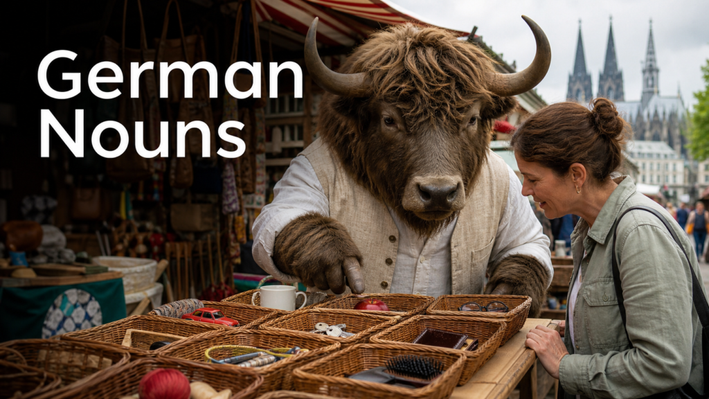 Adult Yak Yacker teaching common German nouns at a Cologne market.