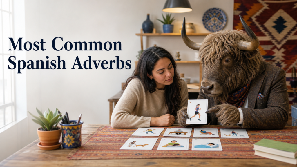 Adult Yak Yacker teaching Most Common Spanish Adverbs in studio with a large worktable.