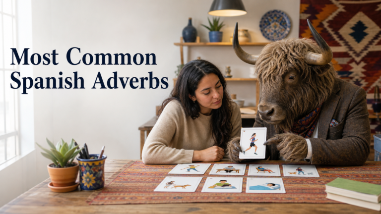 Adult Yak Yacker teaching Most Common Spanish Adverbs in studio with a large worktable.