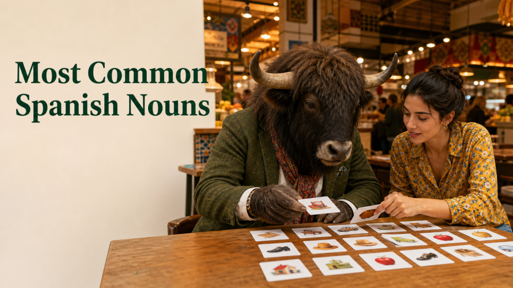 Adult Yak Yacker teaching Most Common Spanish Nouns in lively food hall.