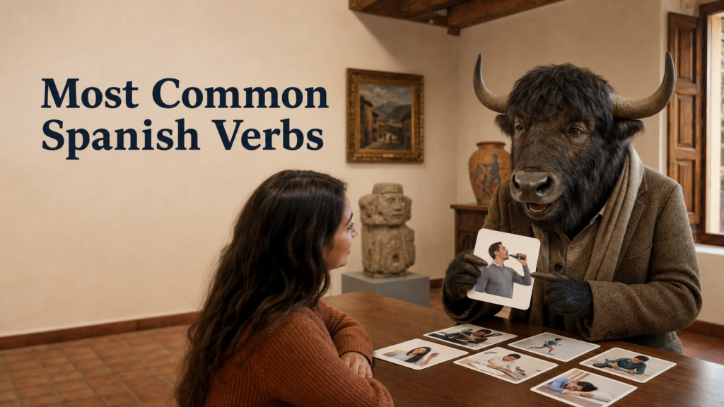 Adult Yak Yacker teaching Most Common Spanish Verbs in small museum study room.